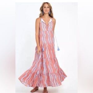 Oliphant Long Tiered Wave Coral  Maxi Dress Medium